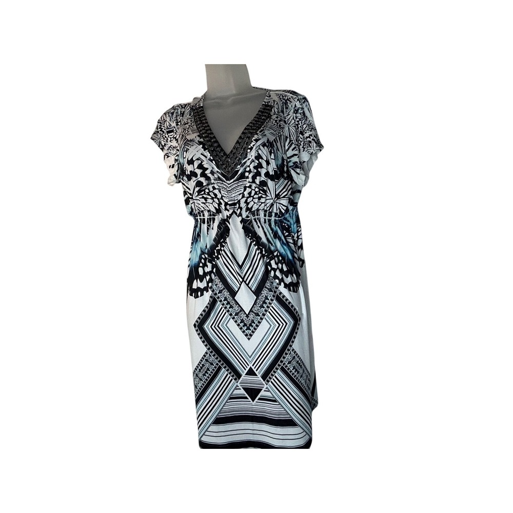 One World Black/White & Blue Geometric Mini Dress Medium‎